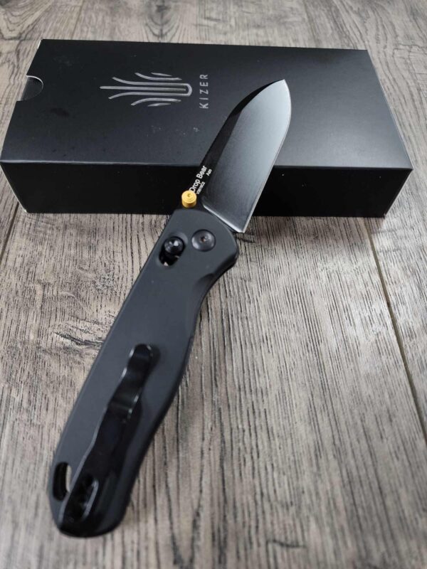 Davy Jones!   Fiber Laser Engraved - Kizer Drop Bear - EDC - COMPLETE KNIFE! With Gold Thumbstud!