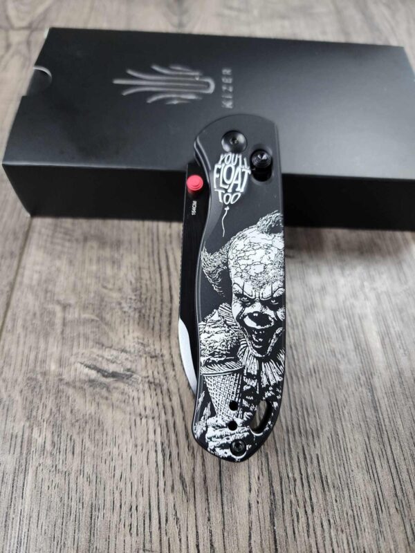 Pennywise! IT -  Fiber Laser Engraved - Kizer Drop Bear - edc - COMPLETE KNIFE! With Red Thumbstud!