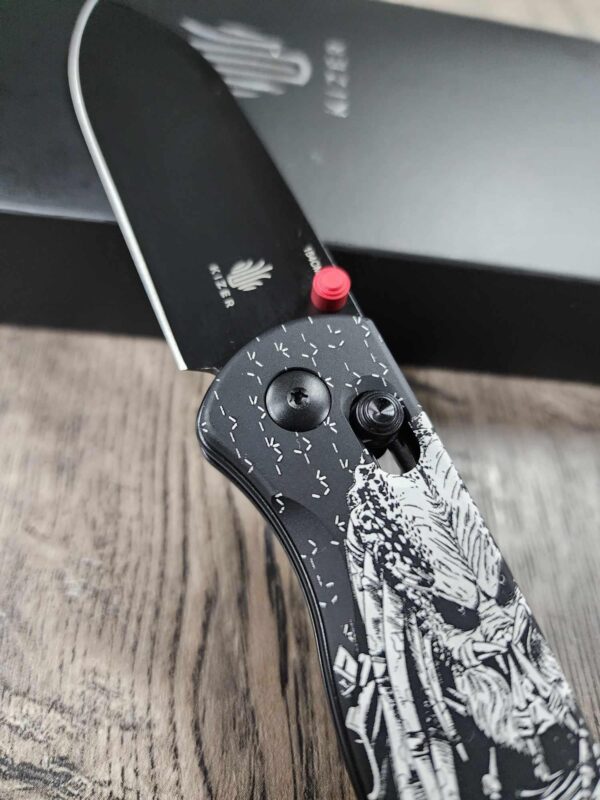 Predator!  -  Fiber Laser Engraved - Kizer Drop Bear - edc - COMPLETE KNIFE! With Red Thumbstud!