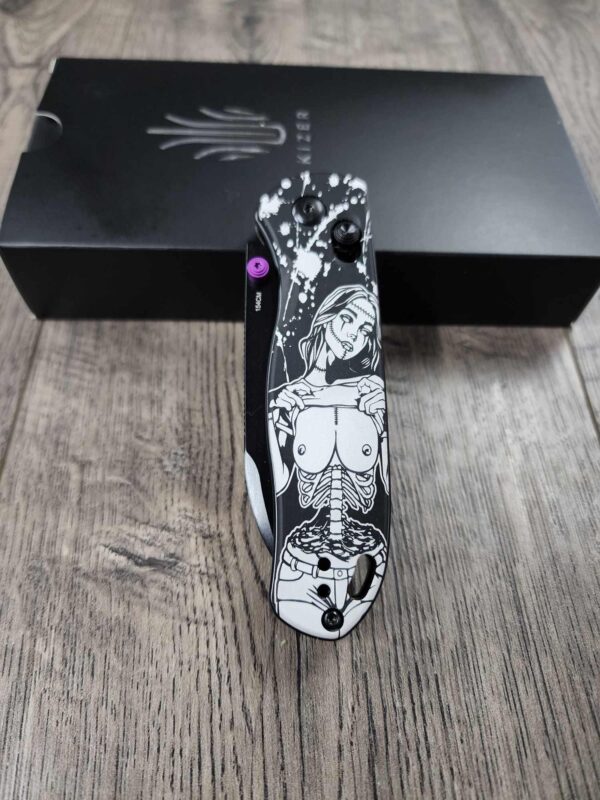 Zombie Pin Up!   Fiber Laser Engraved - Kizer Drop Bear - EDC - COMPLETE KNIFE!
