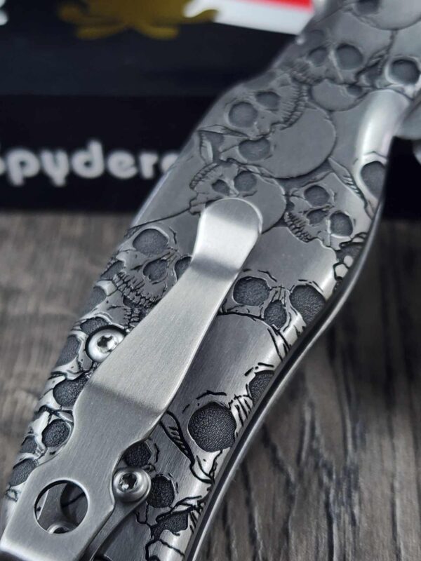 Spyderco Shaman - Skulls Pattern - Relief Laser Engraved - Titanium scales - Complete Knife - LynchNW Clip - Phosphor Washers