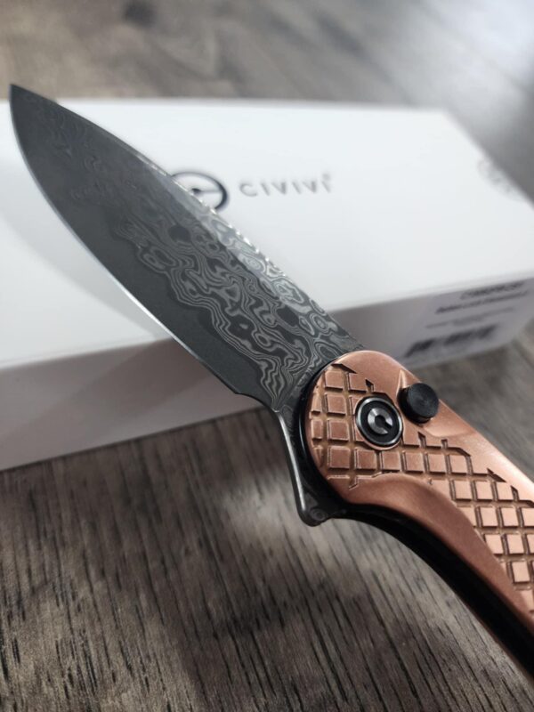 Civivi Elementum 2 Button Lock - Frag Pattern Relief Engraved Copper Scales - Damascus Blade - Optional Knife Install - EDC Gear