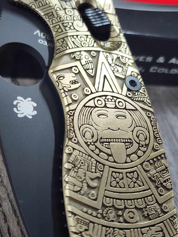 Spyderco Manix 2 - Brass Relief Engraved Aztec Calendar Scales - Knife Install Optional - EDC Scales - Spyderco - Deep Engraved