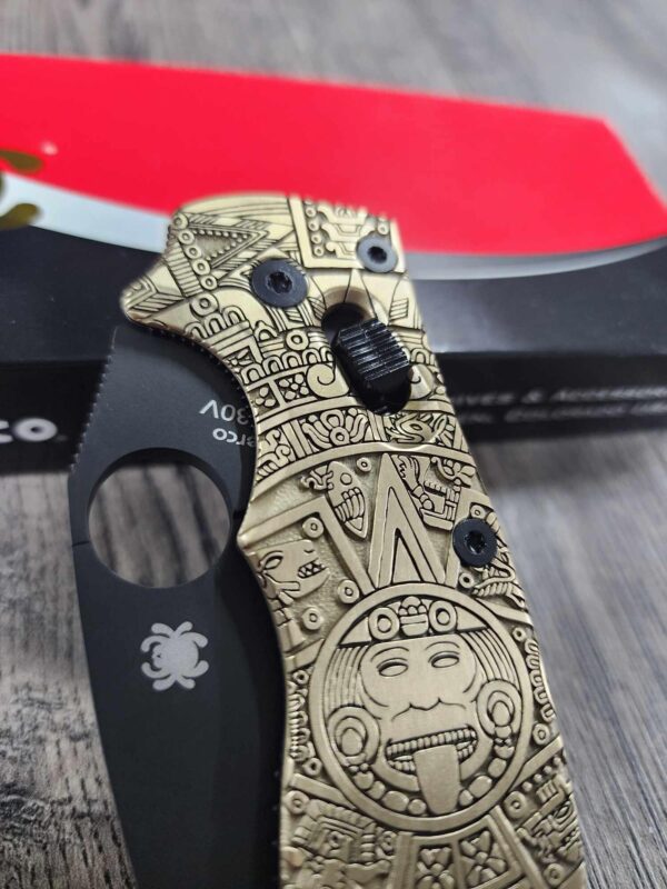 Spyderco Manix 2 - Brass Relief Engraved Aztec Calendar Scales - Knife Install Optional - EDC Scales - Spyderco - Deep Engraved
