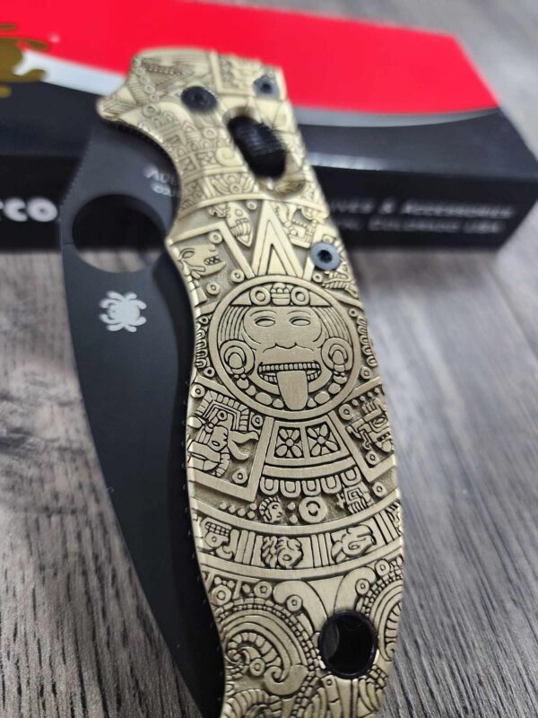 Spyderco Manix 2 - Brass Relief Engraved Aztec Calendar Scales - Knife Install Optional - EDC Scales - Spyderco - Deep Engraved