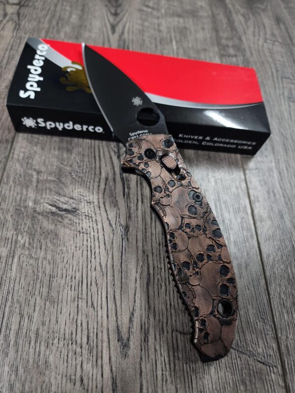 Manix 2 Knife with Deep Engraved AGED Copper Scales - EDC - Relief Engraved Skull Pattern - COMPLETE Knife with LynchNW deep carry clip