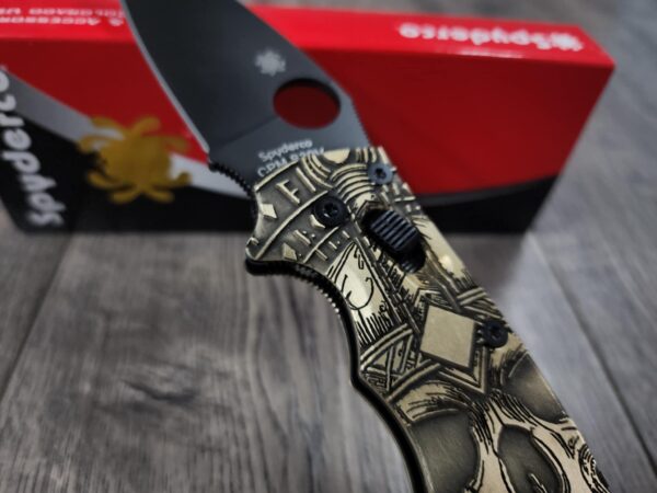 Spyderco Manix 2 - Brass Relief Engraved Until Valhalla Viking Skull Scales - Aged - Knife Install Optional w/Deep Carry Clip - EDC Gear
