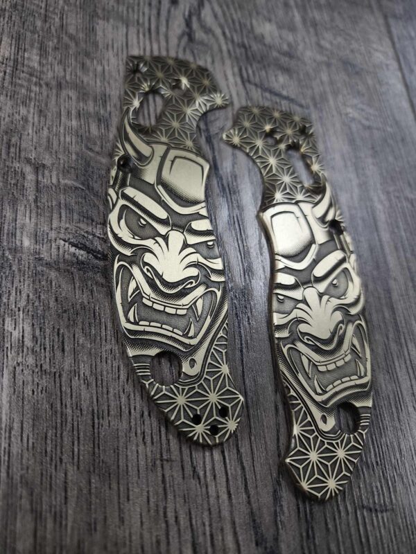 Spyderco Manix 2 Brass Relief Engraved Japanese Devil Mask - Aged Brass - EDC Scales - Knife Install Optional