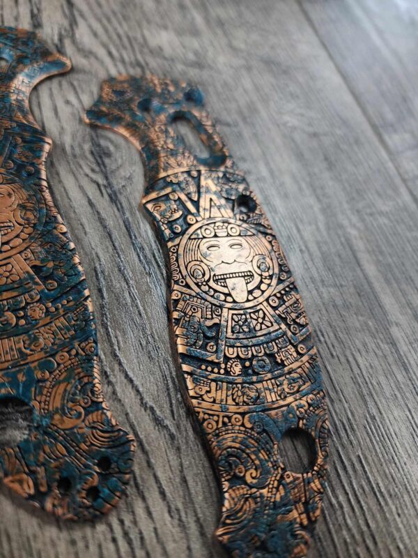 Manix 2 Deep Engraved Copper PATINA Scales - EDC - Relief Engraved Aztec Calendar Design - Copper Scales