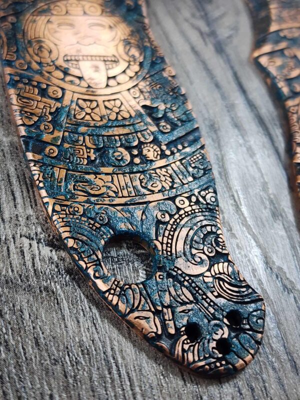 Manix 2 Deep Engraved Copper PATINA Scales - EDC - Relief Engraved Aztec Calendar Design - Copper Scales