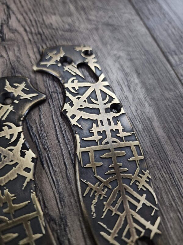 Spyderco Manix 2 Brass Relief Engraved Viking Runes Pattern - Aged Brass - EDC Scales - Knife Install Optional