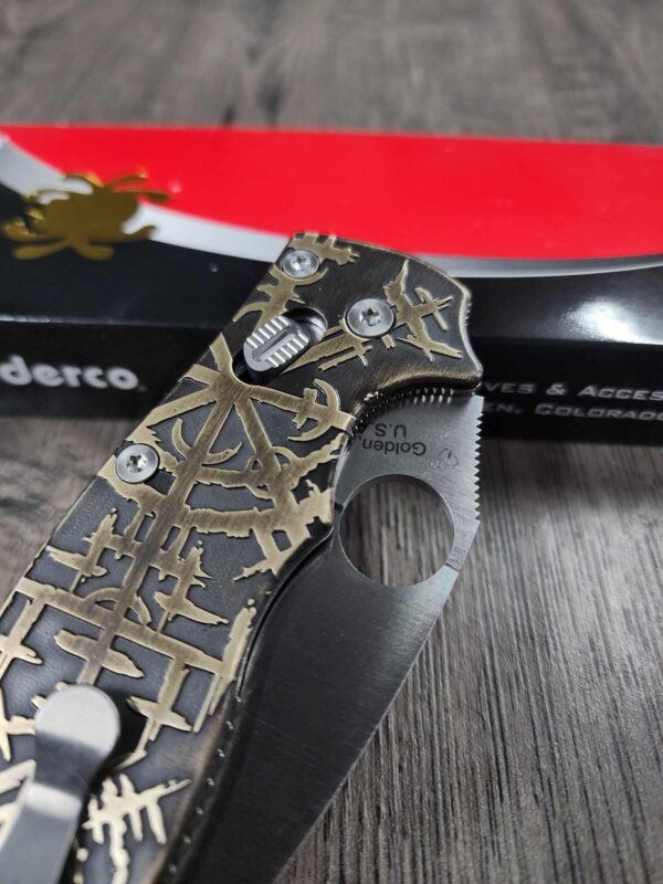 CRUWEAR! Spyderco Manix 2 Relief Engraved Viking/Runes Complete Knife NIB titanium Blue Glow Ball Cage - LynchNW Matching Engraved Deep Clip