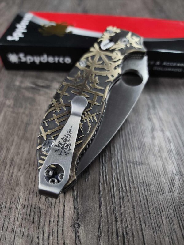 CRUWEAR! Spyderco Manix 2 Relief Engraved Viking/Runes Complete Knife NIB titanium Blue Glow Ball Cage - LynchNW Matching Engraved Deep Clip