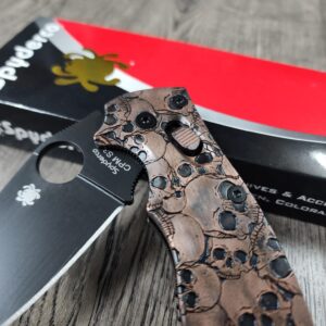 Manix 2 Knife with Deep Engraved AGED Copper Scales - EDC - Relief Engraved Skull Pattern - COMPLETE Knife with LynchNW deep carry clip