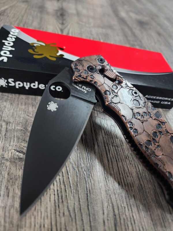 Manix 2 Knife with Deep Engraved AGED Copper Scales - EDC - Relief Engraved Skull Pattern - COMPLETE Knife with LynchNW deep carry clip