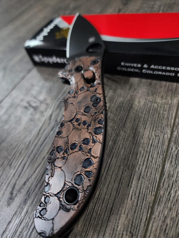 Manix 2 Knife with Deep Engraved AGED Copper Scales - EDC - Relief Engraved Skull Pattern - COMPLETE Knife with LynchNW deep carry clip