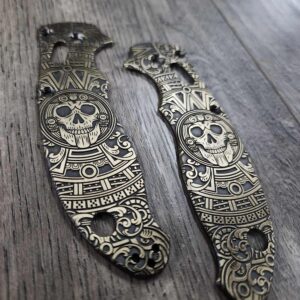 Spyderco Manix 2 Brass Relief Engraved Skull Aztec - Aged Brass - EDC Scales - Knife Install Optional