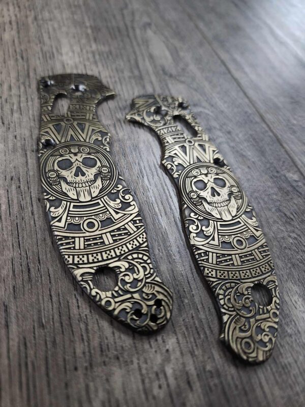 Spyderco Manix 2 Brass Relief Engraved Skull Aztec - Aged Brass - EDC Scales - Knife Install Optional