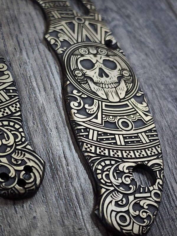 Spyderco Manix 2 Brass Relief Engraved Skull Aztec - Aged Brass - EDC Scales - Knife Install Optional