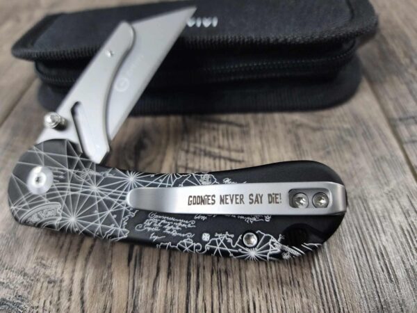 Goonies Map - CIVIVI Elementum Utility Button Lock Knife Black Aluminum Engraved Goonies Map! NEVER SAY DiE! Engraved Clips and Blade!