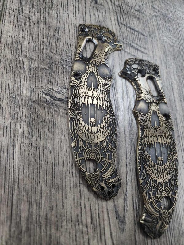 Spyderco Manix 2 Brass Relief Engraved Screaming Skulls - Aged Brass - EDC Scales - Knife Install Optional