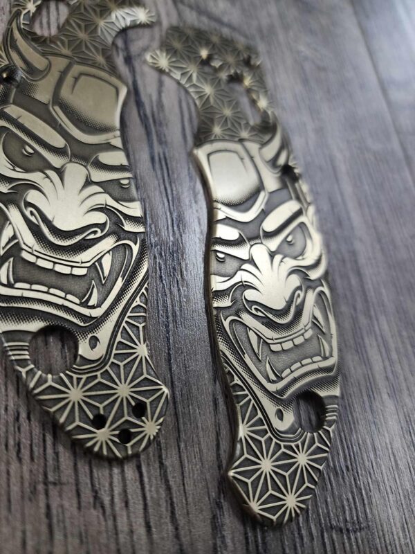 Spyderco Manix 2 Brass Relief Engraved Japanese Devil Mask - Aged Brass - EDC Scales - Knife Install Optional