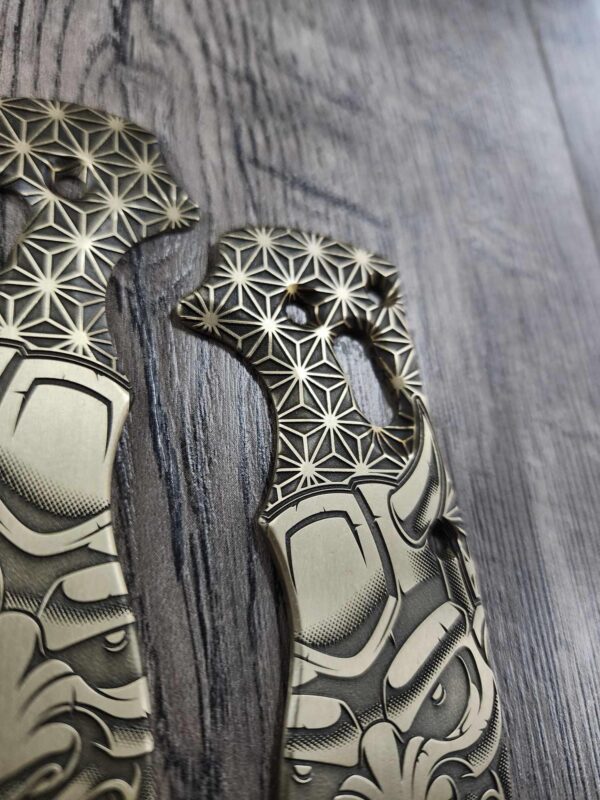 Spyderco Manix 2 Brass Relief Engraved Japanese Devil Mask - Aged Brass - EDC Scales - Knife Install Optional