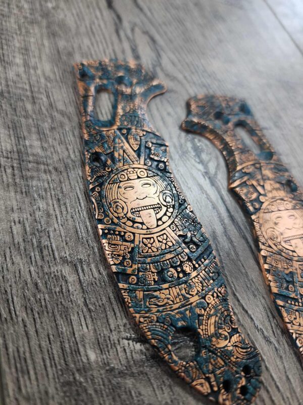 Manix 2 Deep Engraved Copper PATINA Scales - EDC - Relief Engraved Aztec Calendar Design - Copper Scales