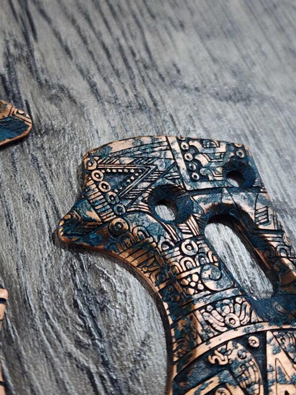 Manix 2 Deep Engraved Copper PATINA Scales - EDC - Relief Engraved Aztec Calendar Design - Copper Scales