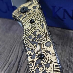 il_fullxfull.6637696208_nlds.jpg Chaves Redencion 229 - AGED Dead Aztec Relief Engraved Brass Scales - Knife Install Optional - 4 Blade Styles - New In Box