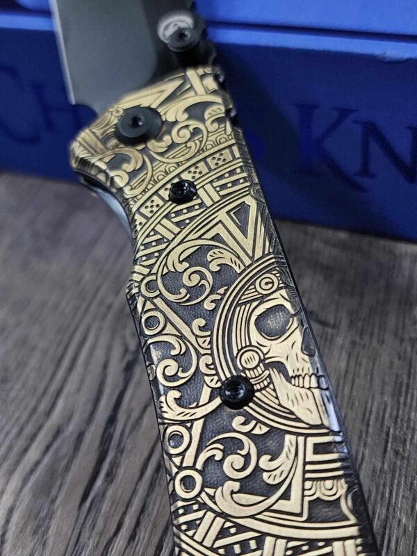 il_fullxfull.6637696208_nlds.jpg Chaves Redencion 229 - AGED Dead Aztec Relief Engraved Brass Scales - Knife Install Optional - 4 Blade Styles - New In Box