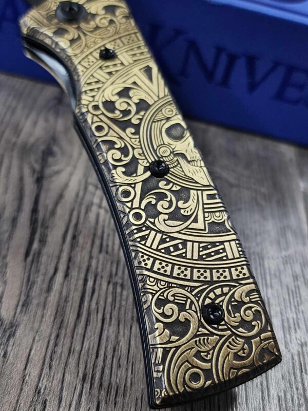 il_fullxfull.6637696462_gtbi.jpg Chaves Redencion 229 - AGED Dead Aztec Relief Engraved Brass Scales - Knife Install Optional - 4 Blade Styles - New In Box