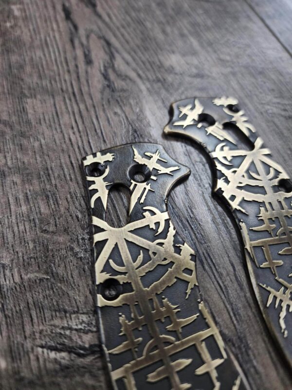 Spyderco Manix 2 Brass Relief Engraved Viking Runes Pattern - Aged Brass - EDC Scales - Knife Install Optional