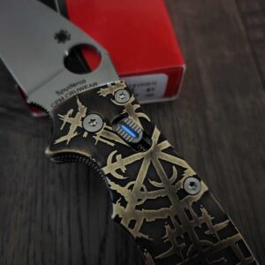 CRUWEAR! Spyderco Manix 2 Relief Engraved Viking/Runes Complete Knife NIB titanium Blue Glow Ball Cage - LynchNW Matching Engraved Deep Clip