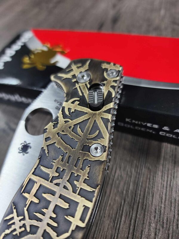 CRUWEAR! Spyderco Manix 2 Relief Engraved Viking/Runes Complete Knife NIB titanium Blue Glow Ball Cage - LynchNW Matching Engraved Deep Clip