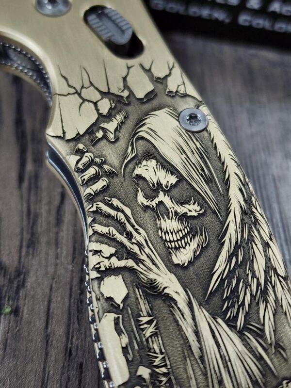 Spyderco Manix 2 Brass Relief Engraved Grim Reaper - Aged Brass - EDC Scales - Knife Install Optional