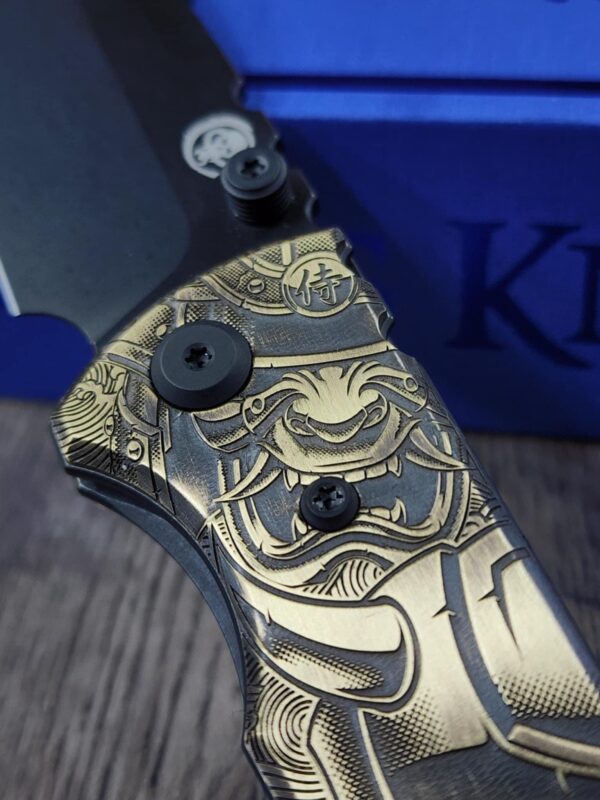 Chaves Redencion 229 - AGED Devil Mask with Dragon Relief Laser Engraved Brass Scales - Knife Install Optional - 4 Blade Styles - New In Box