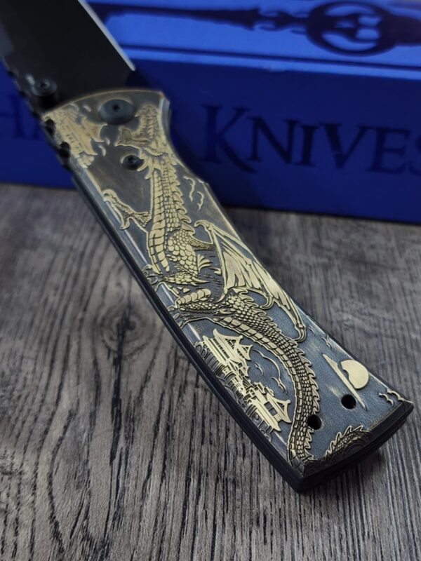 Chaves Redencion 229 - AGED Devil Mask with Dragon Relief Laser Engraved Brass Scales - Knife Install Optional - 4 Blade Styles - New In Box