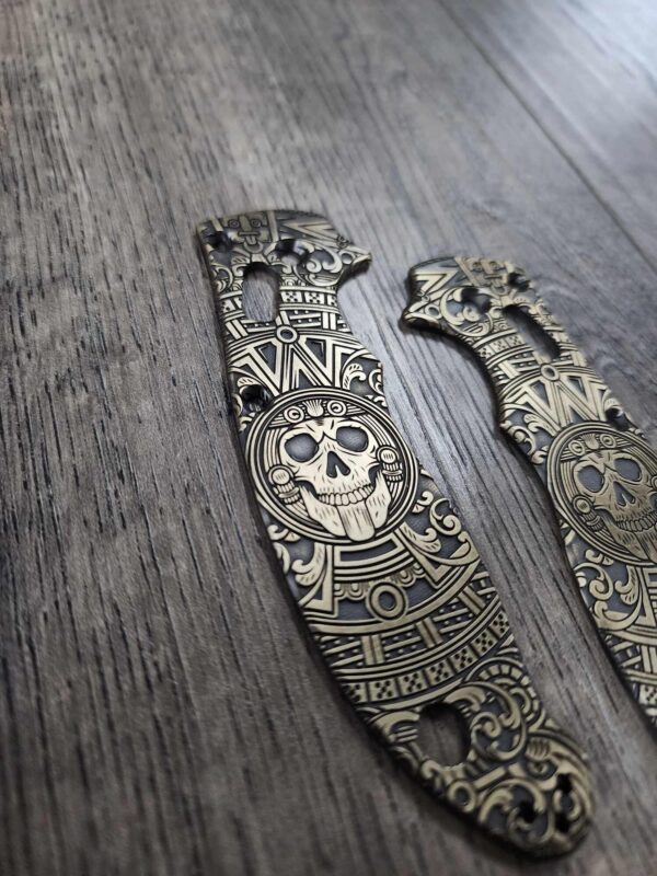 Spyderco Manix 2 Brass Relief Engraved Skull Aztec - Aged Brass - EDC Scales - Knife Install Optional