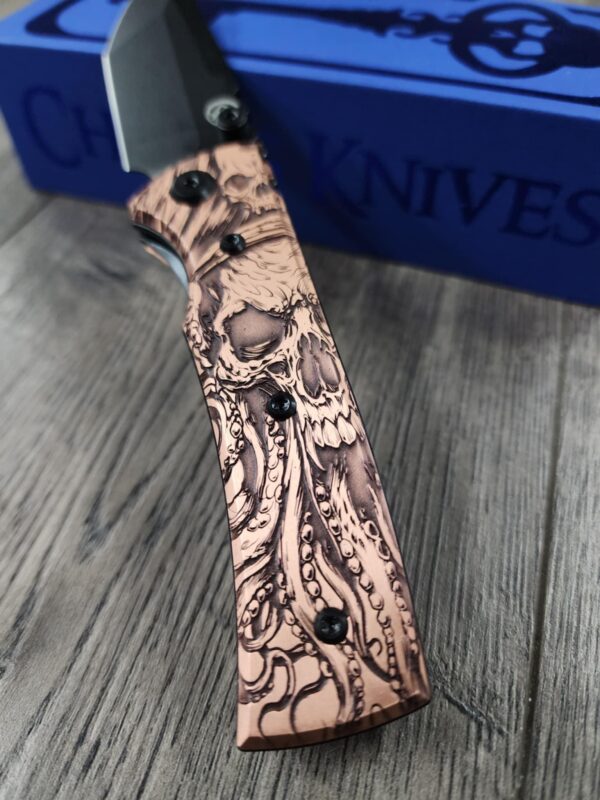 Chaves Redencion Street - Davy Jones Relief Engraved Copper Scales - Knife Install Optional - Black Elmax Blade Drop Point or Tanto