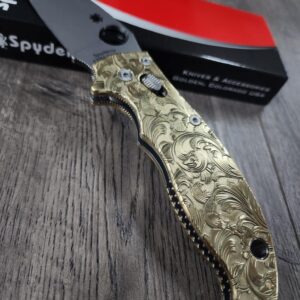 Spyderco Manix 2 - Relief Laser Engraved Filigree Scroll - Brass Scales - Polished - Knife Install Optional - EDC Scales