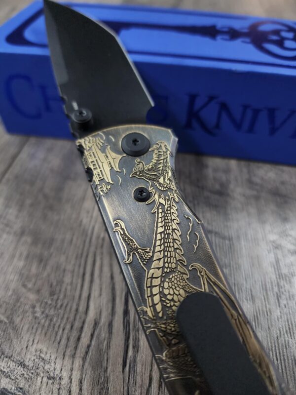 Chaves Redencion 229 - AGED Devil Mask with Dragon Relief Laser Engraved Brass Scales - Knife Install Optional - 4 Blade Styles - New In Box