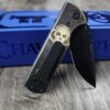Chaves TAK Black Blade Aged Brass Engraved Skull Key with Forced Patina Scales - With Extra Clip -Tanto - Elmax Blade Steel - COMPLETE KNIFE