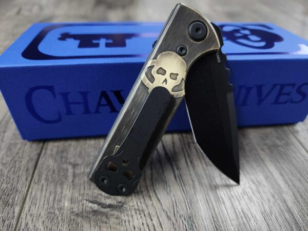 Chaves TAK Black Blade Aged Brass Engraved Skull Key with Forced Patina Scales - With Extra Clip -Tanto - Elmax Blade Steel - COMPLETE KNIFE