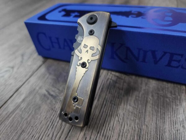 Chaves TAK Black Blade Aged Brass Engraved Skull Key with Forced Patina Scales - With Extra Clip -Tanto - Elmax Blade Steel - COMPLETE KNIFE