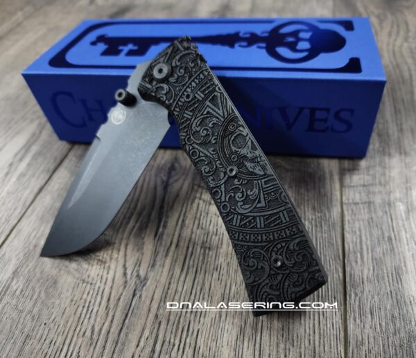 il_fullxfull.6729084118_9mi5.jpg Chaves Redencion 229 Blue Label - Black Micarta Laser Engraved Dead Aztec Pattern - COMPLETE KNIFE - 2 Black Blade Options - New In Box