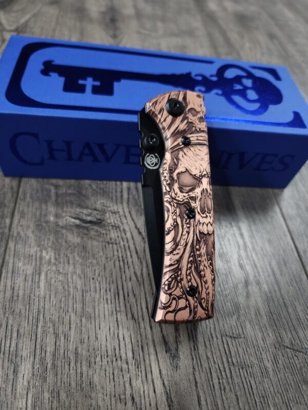 Chaves Redencion Street - Davy Jones Relief Engraved Copper Scales - Knife Install Optional - Black Elmax Blade Drop Point or Tanto