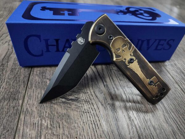 Chaves TAK Black Blade Aged Brass Engraved Skull Key with Forced Patina Scales - With Extra Clip -Tanto - Elmax Blade Steel - COMPLETE KNIFE