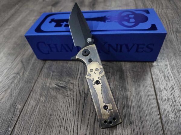 Chaves TAK Black Blade Aged Brass Engraved Skull Key with Forced Patina Scales - With Extra Clip -Tanto - Elmax Blade Steel - COMPLETE KNIFE