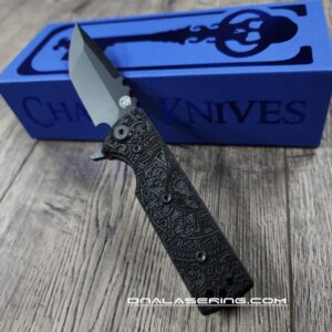 Chaves Knives TAK Flipper Knife - Engraved Dead Aztec - Black Micarta 2.75" - Tanto or Drop Point Blade Option - Complete Knife - EDC